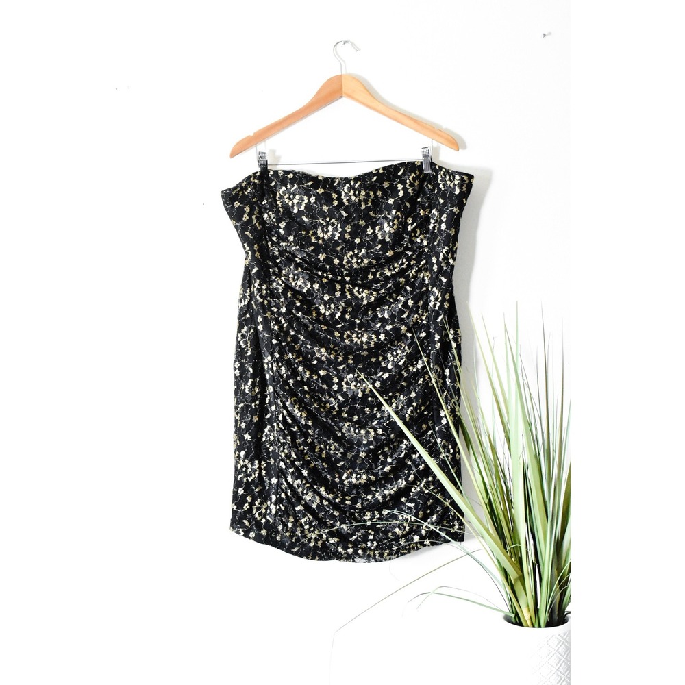Torrid Strapless Dress Women 24 Black Gold Y2K Floral Metallic Lace Ruched Mini